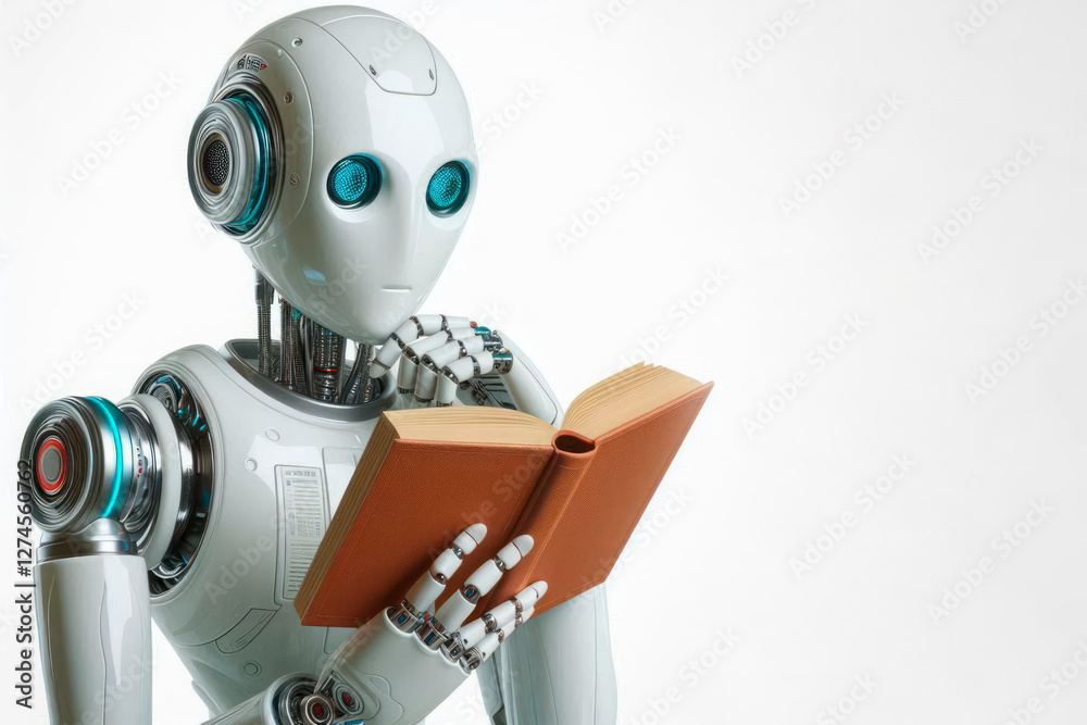 Fototapeta premium Robot reading a book. Space for text.