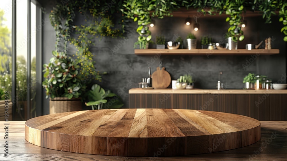 Clean kitchen interior with a round wood countertop, perfect for product montages or banners Clean kitchen interior with a round wood countertop, perfect for product montages or banners