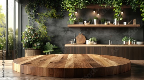 Clean kitchen interior with a round wood countertop, perfect for product montages or banners