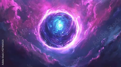 Radiant cosmic orb pulsing with intense energy swirls glowing with luminous brilliance within a vast colorful nebula expanse. Luminous Metaphysical Energy. Illustration