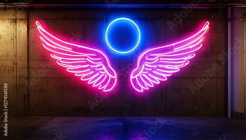 A neon sign depicting angel wings with a halo, glowing in pink and blue lights, set against an empty dark room background. 