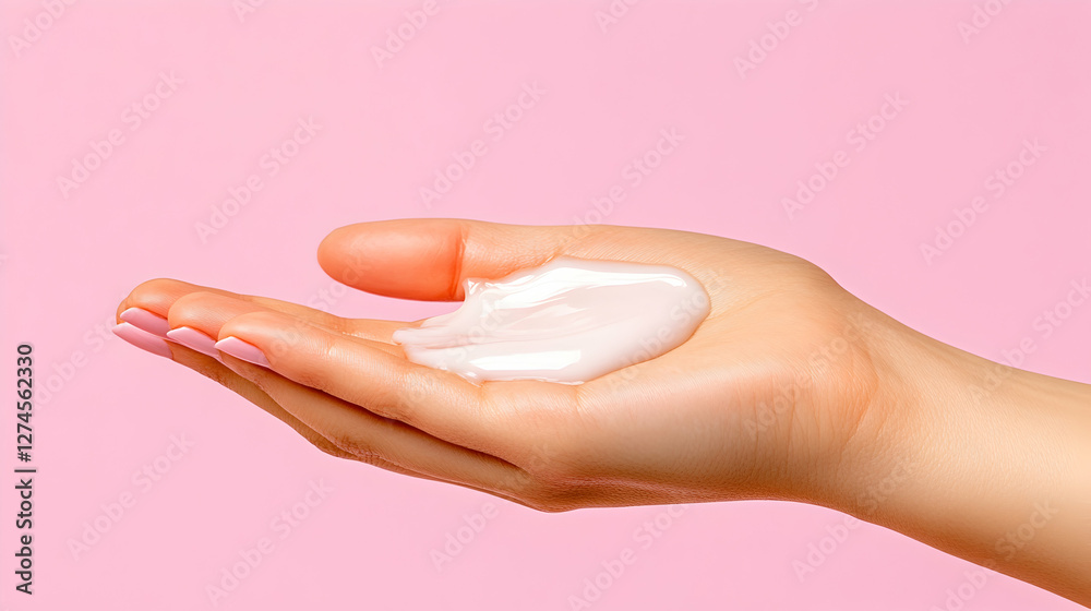 Woman's hand holding beauty cream on pink background. Possible use skincare product advertisement Woman's hand holding beauty cream on pink background. Possible use skincare product advertisement