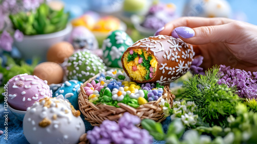 Woman's hand holding decorated Easter egg, colorful eggs and flowers, celebration photo