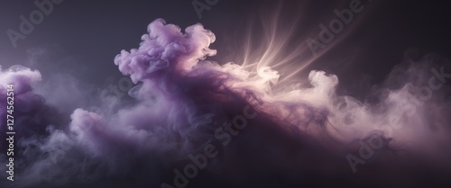Abstract Background with Layers of Dense Smoke in Deep Purples and Black Illuminated by Light Streaks.