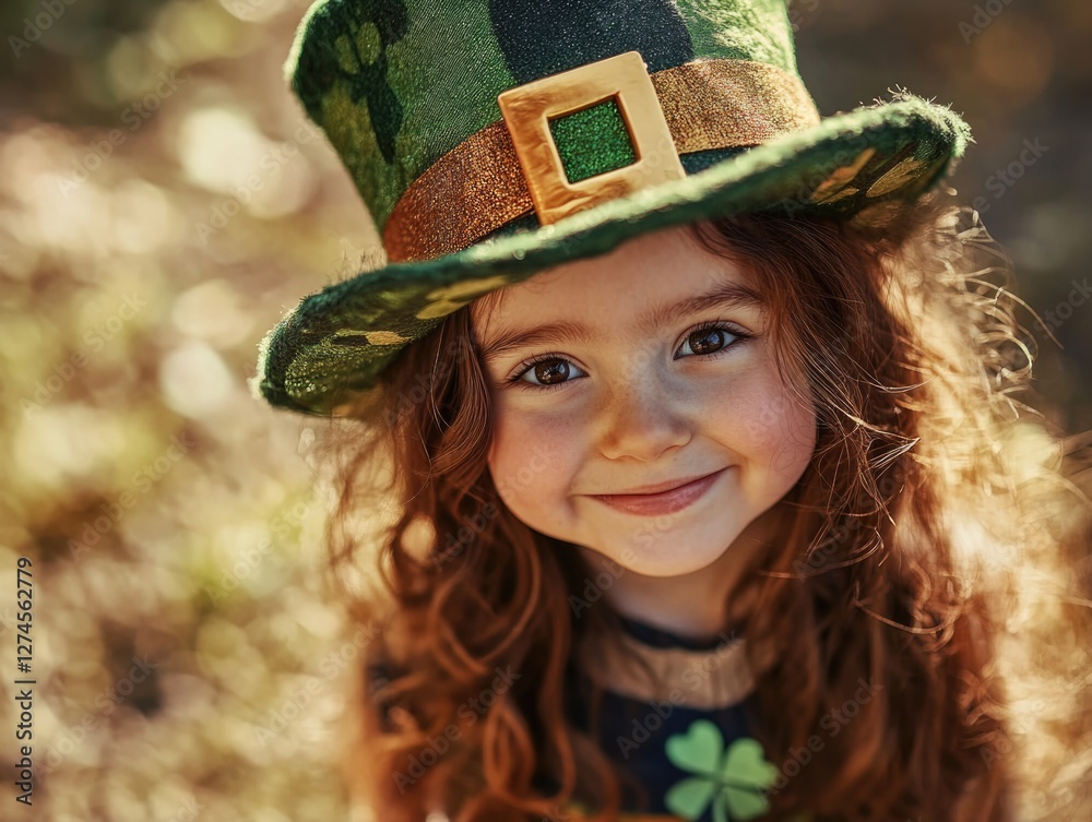 Fototapeta premium A young girl wearing a hat for St. Patrick's Day, smiling and ready to join the festivities.