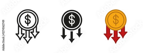 Money loss icon. Declining finance and economic downturn symbol. Falling currency vector illustration. Business crisis and stock market failure sign. Banking recession and monetary decrease concept.