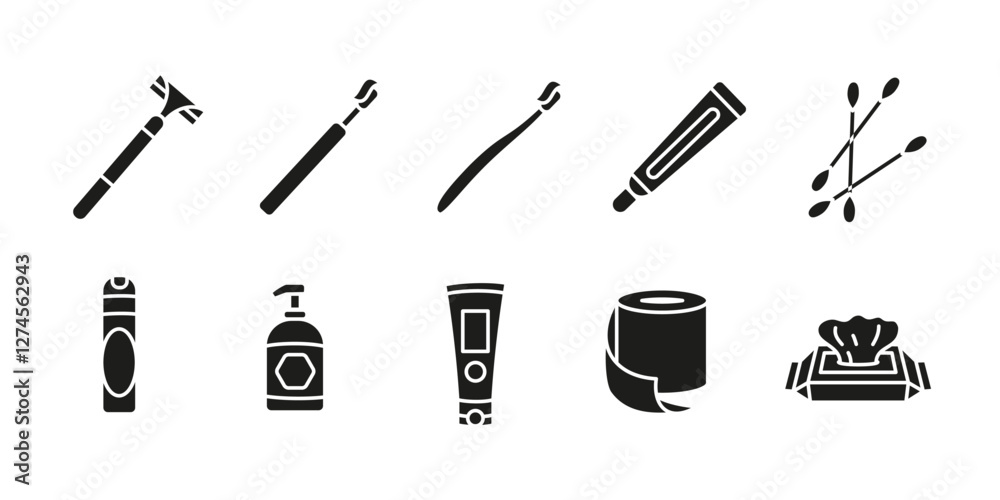 Obraz premium Hygiene icon set black. Personal care and grooming vector illustration. Bathroom essentials concept. Toothbrush, razor and soap symbols. Skincare and dental sanitation silhouette representation.