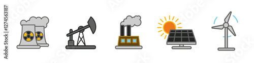Power generation icon set colored. Energy production and electricity vector illustration. Renewable and fossil fuel industry concept. Nuclear, solar, wind and oil sources colorful representation.