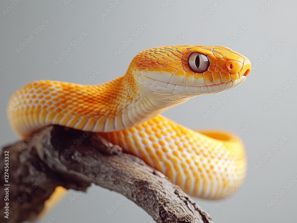 Fototapeta premium A live cobra snake with bright yellow skin, sitting on a branch.