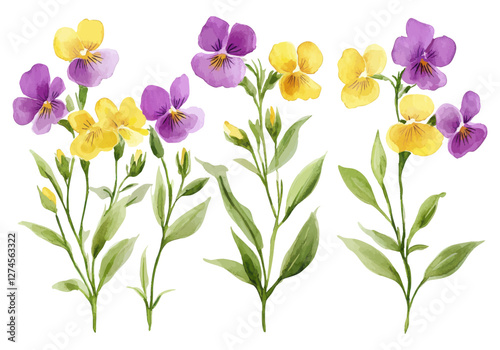 Watercolor Pansy Flowers in Purple and Yellow with Green Leaves for Botanical and Artistic Designs