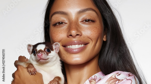 Smiling woman holding a cute ferret in her arms
