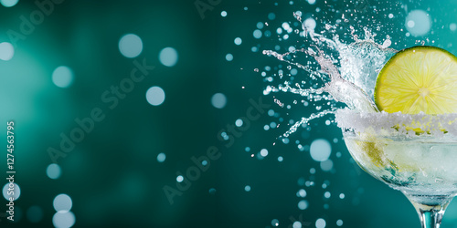 Lime wedge dropping into salted cocktail glass, generating vibrant aqua-toned water spray against soft-focus background