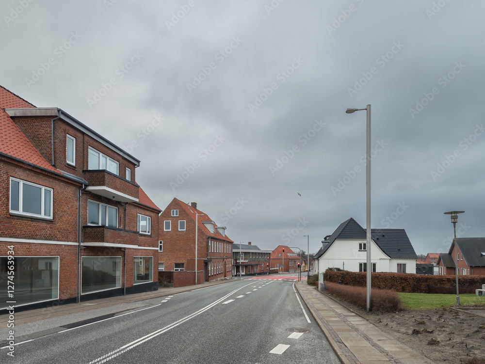 Cityscape of danish town Brovst, North Jutland, Denmark. Jammerbugt Municipality