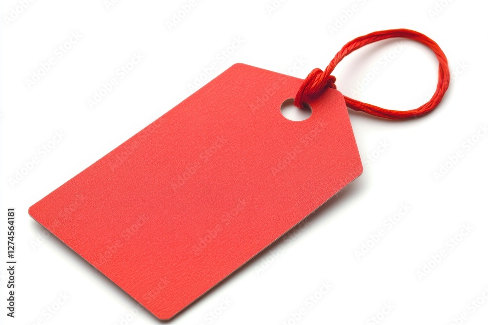 Fototapeta premium A vibrant red tag featuring a smooth surface and a secure tie perfect for labeling items and enhancing organization Isolated on white background