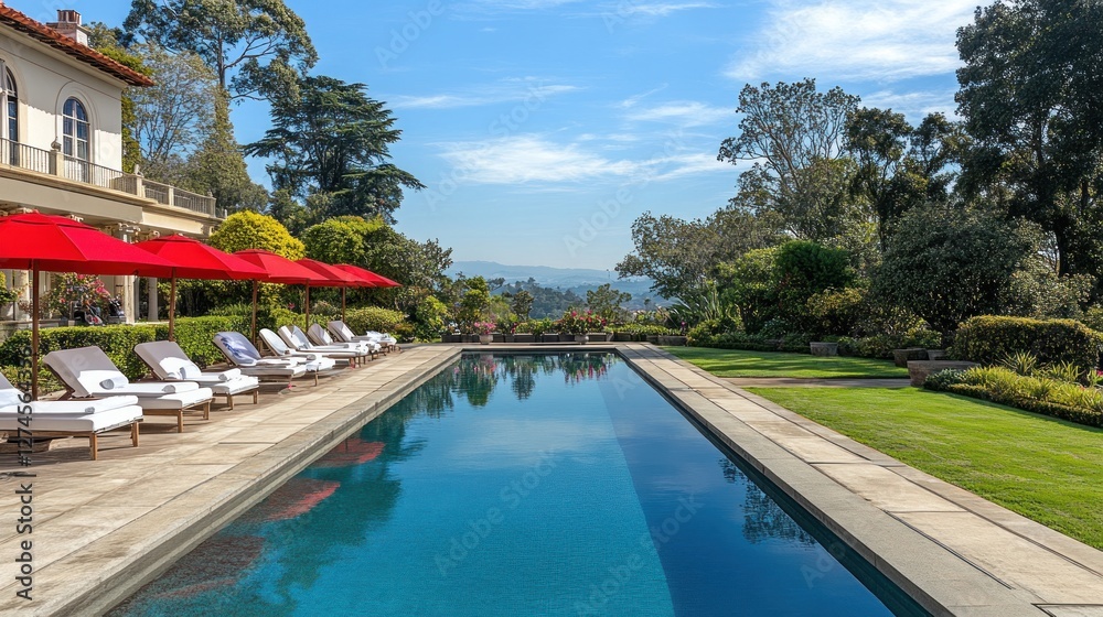 Fototapeta premium Luxurious Estate Poolside Relaxation With Mountain View