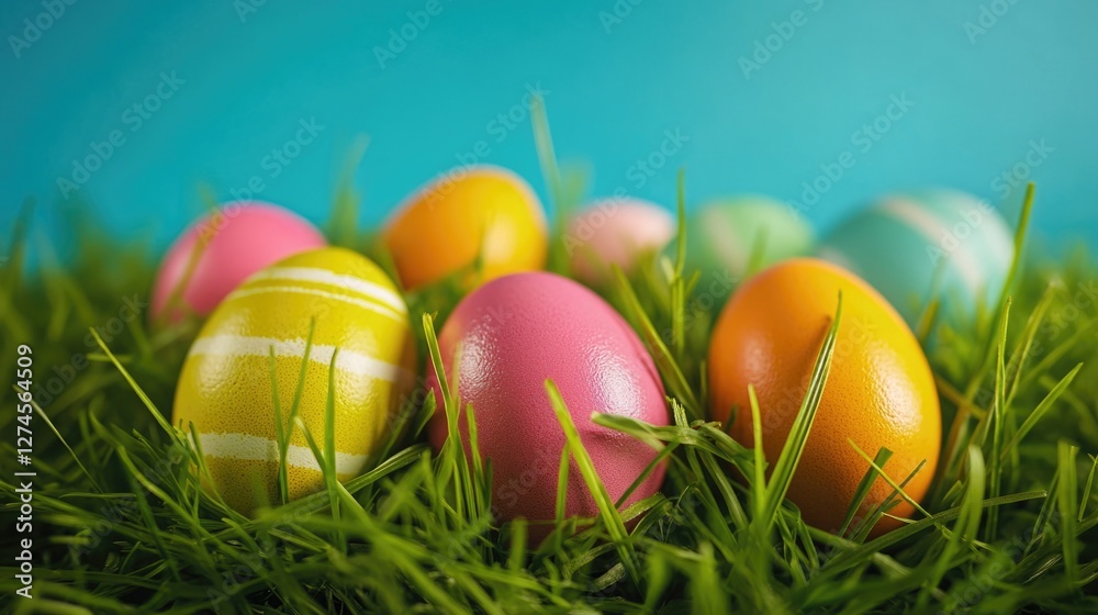 A pile of vibrant Easter eggs on a green field, symbolizing the spring holiday tradition.
