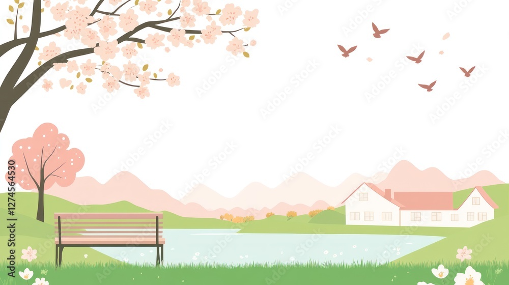 Spring park bench, cherry blossoms, lake, houses. Peaceful scene, ideal for cards Spring park bench, cherry blossoms, lake, houses. Peaceful scene, ideal for cards
