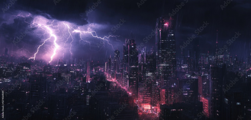 Obraz premium Night City Thunderstorm: A Futuristic Metropolis Under a Violent Storm