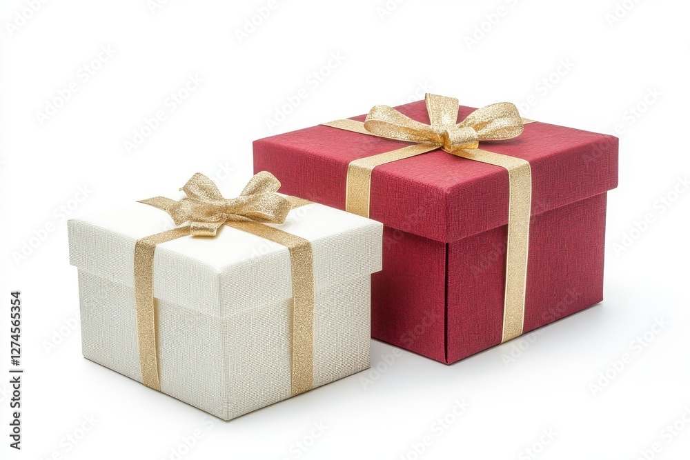 Obraz premium two white and red gift box with gold ribbon isolated on white background