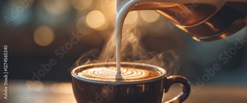 a steaming cup of latte art with milk being poured on top latte art looks like leaf. photo