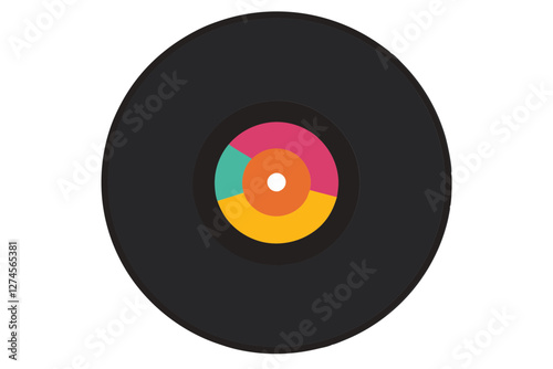 Vintage Black Vinyl Record with Colorful Center Label - Realistic Vector Art