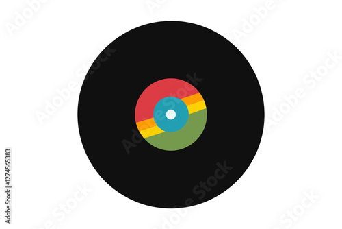 Vintage Black Vinyl Record with Colorful Center Label - Realistic Vector Art