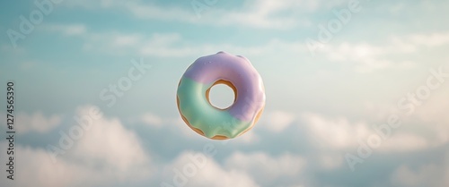 Levitating Pastel Donut Floating in Dreamlike Sky Backdrop
