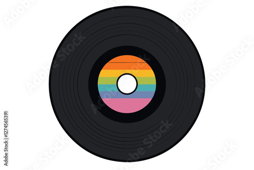 Vintage Black Vinyl Record with Colorful Center Label - Realistic Vector Art