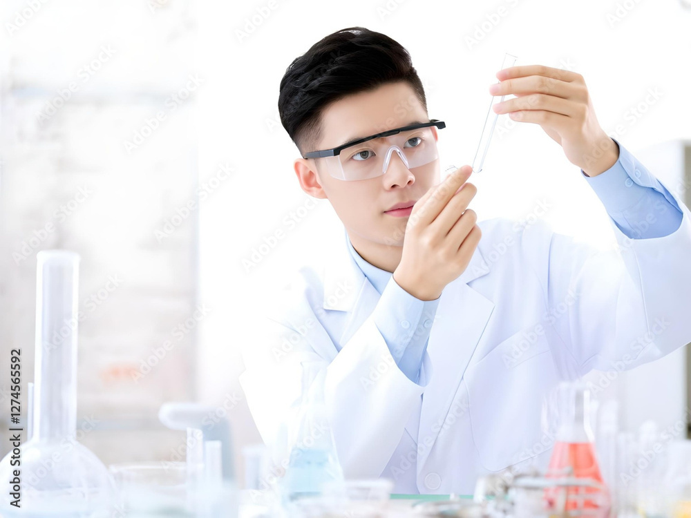Scientist Conducting Plant Research and Experimentation in Laboratory Environment. Laboratory scientist performs research using plants and chemicals, wearing protective eyewear and gloves, focusing on Scientist Conducting Plant Research and Experimentation in Laboratory Environment. Laboratory scientist performs research using plants and chemicals, wearing protective eyewear and gloves, focusing on