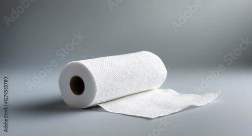 Single Roll of White Paper Towels on a Soft Gray Background.