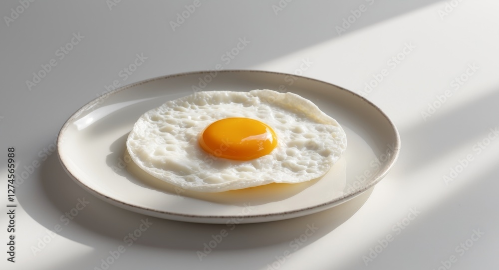 fried egg on white plate or single fried egg in center of plate fried egg on white plate or single fried egg in center of plate