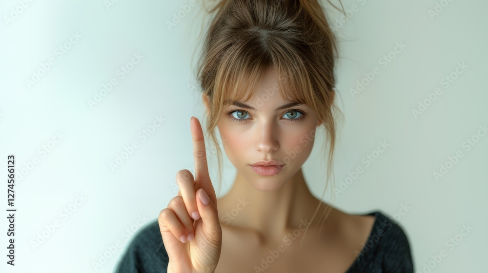 Young Woman Pointing Upward with Index Finger, Symbolizing Attention and Warning Against a Light Neutral Background with Empty Space for Text (Gestures, Emotions, Warning) Young Woman Pointing Upward with Index Finger, Symbolizing Attention and Warning Against a Light Neutral Background with Empty Space for Text (Gestures, Emotions, Warning)