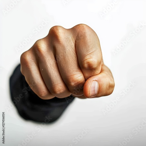 Pointing Gesture with a Closed Fist Close-Up, Symbolizing Confidence and Strength, Against a Light Background (Gestures, Emotions, Strength)