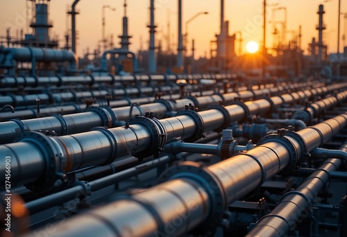 Large industrial area multiple pipes valves are arranged district heating