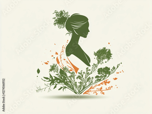 veganism logo, template of a woman's head in plants on a light background in a graphic style