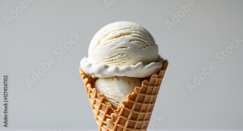 A delicious scoop of creamy white vanilla ice cream in a waffle cone.