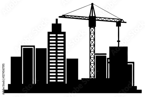 Silhouette Vector of Construction Crane at Work on High-Rise Tower