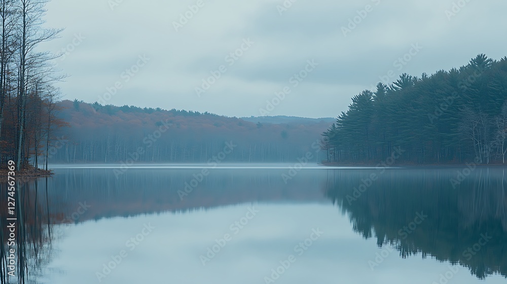 Serene autumn lake reflecting misty woodland trees Serene autumn lake reflecting misty woodland trees