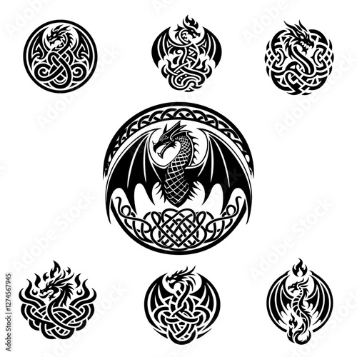7 dragon logo designs, celtic styled one color, low point count