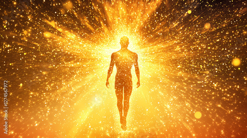 Depict a human silhouette slowly unraveling into luminous particles, representing the dissolution of the physical body into spiritual energy. Luminous Metaphysical Energy. Illustration