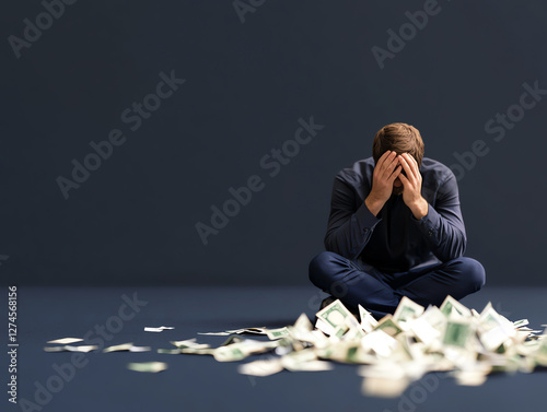 Young man in despair surrounded by piles of cash reflecting financial strain and emotional turmoil in a dark setting