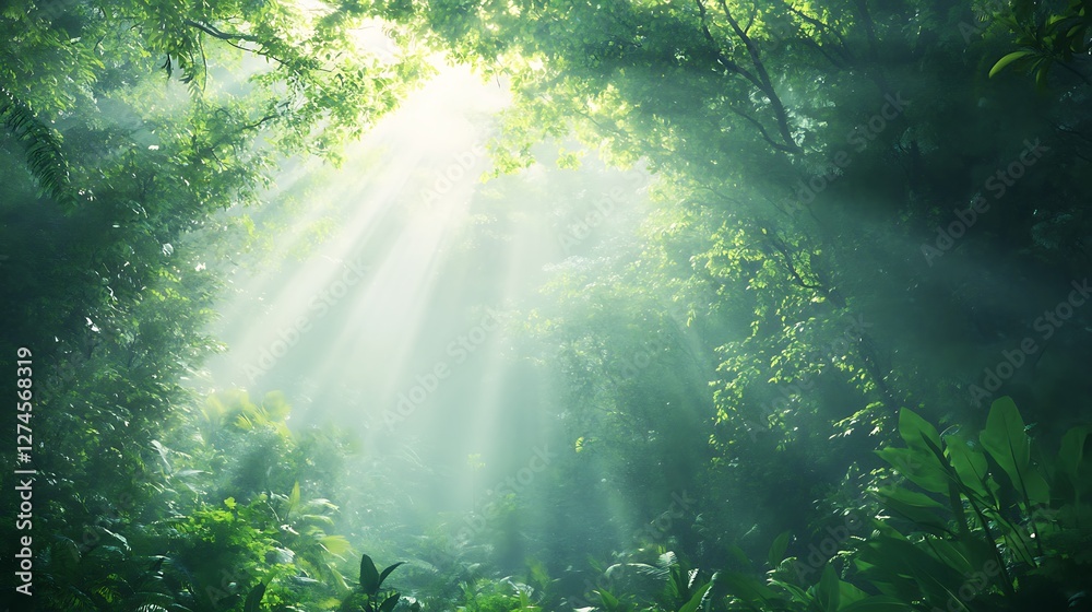 Fototapeta premium Sunbeams Illuminate Lush Green Forest Canopy