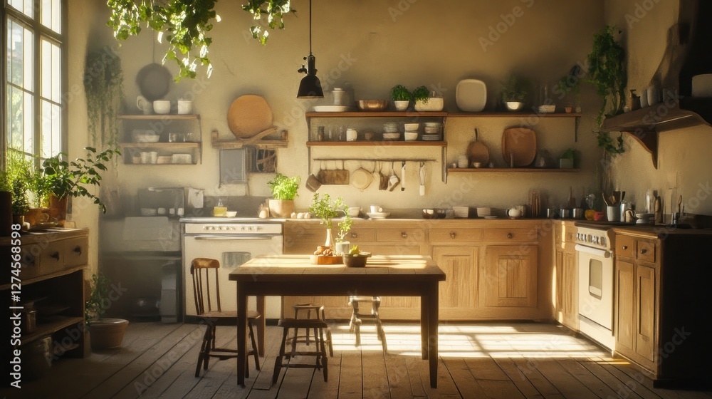 Sunlit Rustic Kitchen With Wooden Cabinets And Table Sunlit Rustic Kitchen With Wooden Cabinets And Table