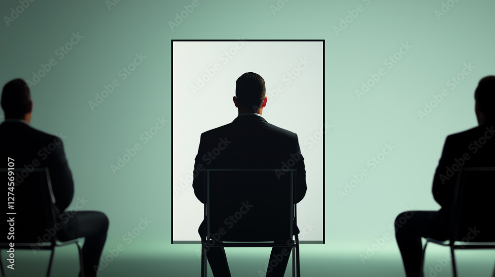 Fototapeta premium Three business professionals seated in chairs facing a blank screen representing ideation and team collaboration