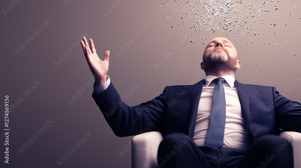 Man in suit relaxing in chair with confetti falling, symbolizing celebration and success in a professional setting Man in suit relaxing in chair with confetti falling, symbolizing celebration and success in a professional setting