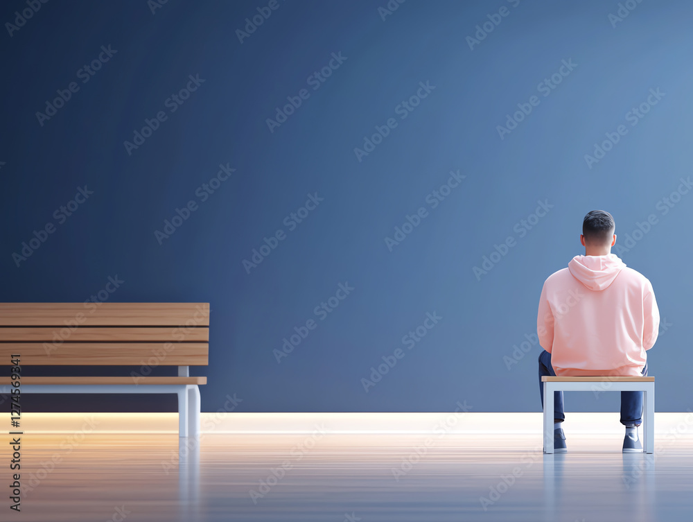 Solitary reflection a thoughtful individual seated in a minimalist space with modern bench and deep blue wall Solitary reflection a thoughtful individual seated in a minimalist space with modern bench and deep blue wall