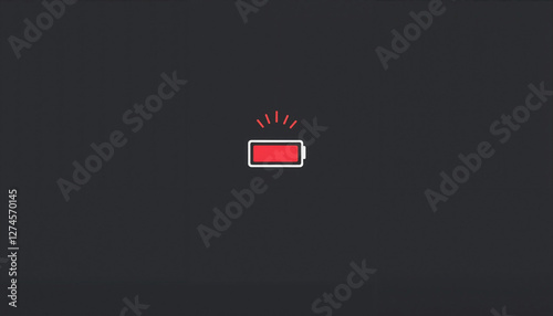 Low battery warning icon on a dark screen, symbolizing energy depletion and the need for recharge, copy space