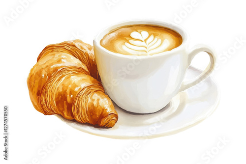 Warm buttery croissant accompanied by a steaming cup of latte on a serene morning isolated on transparent background