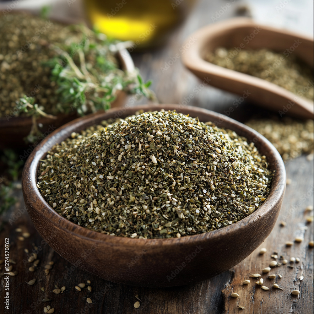 Aromatic dried herbs and sesame seeds in wooden bowls on rustic table Aromatic dried herbs and sesame seeds in wooden bowls on rustic table