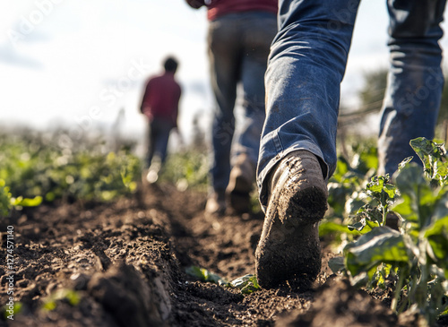 Close up, ground level of farm workers walking through an agricultural field with room for text 